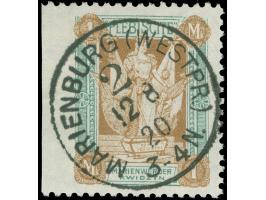 1920, 2. Mailänder Ausgabe 1 M. dunkelgrün/orangebraun, linkes Seitenrandstück, dort ungezähnt, sauber gestempelt “MARIENBURG