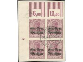 1916/17, Germania 60 Pfg. dunkelgraulila, Viererblock aus der linken oberen Bogenecke im Walzendruck, beide Oberrand-Konfigur