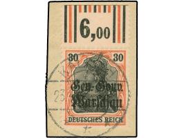 1916/17, Germania 30 Pfg. dunkelrotorange/schwarz auf hellchromgelb, Aufdruck glänzend, Oberrandstück, Walzendruck in Kombina