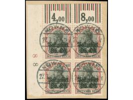 1916, Germania 40 Pfg. rötlichkarmin/schwarz, linker oberer Eckrandviererblock, Walzendruck 1'4'1 / 2'3'2, sauber gestempelt 