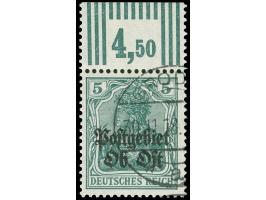 1916, Germania 5 Pfg. schwärzlichopalgrün, Aufdruck rußig, Oberrandstück, Walzendruck, sauber gestempelt “GRODNO 30.11.18”, t