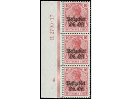 1916, Germania 10 Pfg. karmin, linkes Seitenrandstück, senkrecher Dreierstreifen mit Ur-HAN H2700.17, postfrisch, tadellos, s