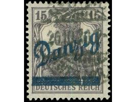1920, Schrägaufdruck 15 Pfg. schwärzlichgrauviolett, Aufdruckfehler “z In Danzig mittig senkrecht gebrochen sowie Aufdruckbal