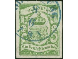 1861, ⅓ Gr. moosgrün, farbfrisch und allseits breitrandig, mit klarem DKr.-Teilstempel “OLDENBURG 8.6.”. Die Marke hat links 
