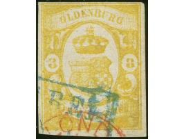1861, 3 Gr. gelb, farbfrisch, allseits voll- bis breitrandig mit blauem Teilstempel “VAREL” und rotem EKr. “LONDON”, in einwa