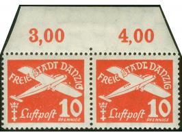 1935, Flugpost 10 Pfg., Plattenfehler “DANZIO statt DANZIG" (Feld 3, Teilauflage) und “STADL statt STADT” (Feld 4, Teilauflag
