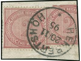 1890/98, 2 M. dunkelrotkarmin, sauber mit EKr. “HERBERTSHÖH 20/11 95” auf Briefstück, überlappend ein defektes Exemplar gekle