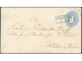 1862, Umschlag 2 Gr. ultramarin im Format 184x84 mm, kurze Gummierung, gebraucht mit blauem Rahmenstempel “ESENSHAMM 27.1." v