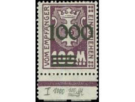 1923, Nicht ausgegeben: Kleines Wappen 1000 auf 100 M., glänzender Aufdruck, Unterrandstück, sauber ungebraucht, tadellos, Fo