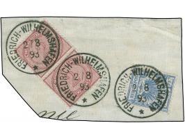 1890/98, 2 M. dunkelrotkarmin, senkrechtes Paar, zusammen mit Einzelwert Krone/Adler 20 Pfg. (mittel)blau, sauber mit EKr. “F
