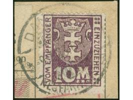 1923, Kleines Wappen 10 M., stehendes Wasserzeichen, sauber und zeitgerecht gestempelt “DANZIG -9.7.23” auf Briefstück, tadel