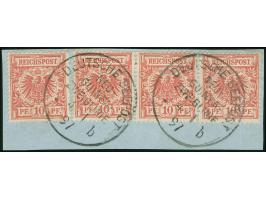 1890/98, Krone/Adler 10 Pfg., senkrechter 3er-Streifen sowie ein Einzelwert, sauber doppelt entwertet mit “DSP NEU-GUINEA-ZWE