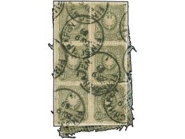 1888/90, 50 Pfg. oliv, sechs Einzelmarken als Block geklebt, mehrfach mit EKr. “FINSCHHAFEN 20/9 89” auf Briefstück, rechte u