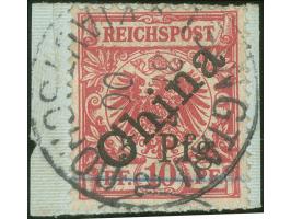 1900, 5 Pfg. auf Diagonalaufdruck 10 Pfg., Aufdrucktype 4, sauber zentrisch gestempelt auf kleinem Briefstück, einwandfrei, s