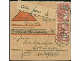 „MOTZISCHKEN * (Kr. RAGNIT) * -9.1.20“ vorderseitig als Ankunftsstempel auf Nachnahme-Paketkarte aus Elbing, etwas fleckig, e