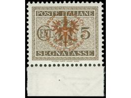 1944, Portomarken von Italien 5 C. braun, Probeaufdruck dunkelorangebraun statt schwärzlichsiena, Unterrandstück, postfrisch,