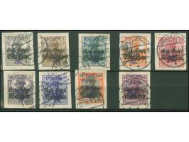 1918/19, Germania 2 ½ Pfg. - 60 Pfg., zweizeilliger violette5 Handstempelaufdruck, neun Werte, sauber gestempelt “BRZEZINY” a
