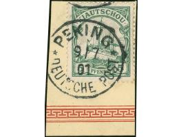 Petschili-Ausgaben: 1901, Kiautschou Kaiseryacht 5 Pfg., sauber gestempelt “PEKING DP 9/7 01” auf Postkarten-Briefstück, einw