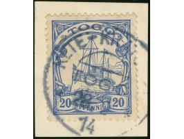 “KETE-KRATSCHI / TOGO / 28.2 14”, in graublau auf 1900 Kaiseryacht 20 Pfg. auf Briefstück, einwandfrei, sign. Bothe und Bothe