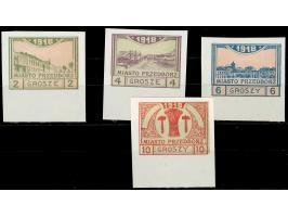 1918, Stadt Przedbórz 2 Gr. - 10 Gr., Probedrucke mit andersfarbigem Untergrund, Unterrandstücke, ungebraucht ohne Gummi, tad