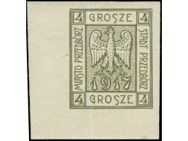 1917, Wappenzeichnung 4 Gr. olivgrau, geschnittener Probedruck, linkes unteres Eckrandstück, postfrisch, im unteren Bogenrand
