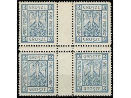 1917, Wappenzeichnung 4 Gr. hellblau, Viererblock aus der Bogenmitte als Herzstück mit senkrecht schmalen und waagerecht brei