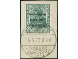 1920, Germania 5 Pfg. dunkelopalgrün, kopfstehender Aufdruck, sauber gestempelt “MARIENWERDER * (WESTPR.) e 15.5.20” auf Brie