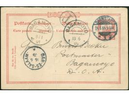 1900, Antwortteil Kaiseryacht 5 Pes., von “DARMSTADT 24.5.05” nach Bagamoyo, mit Durchgangsstempel von “DAR-ES-SALAM 16 6 05”