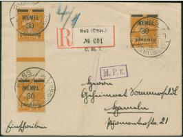 1920, Freimarke 30 pf. auf 30 C. , GC-Papier, senkrechtes Zwischenstegpaar und Einzelmarke mit Stempel “RUSS MEMELGEBIET 23.1