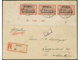 1921, Freimarken 60 pf. auf 50 C. dunkelgraurot/türkisgrau, waagerechter Dreierstreifen aus der linken unteren Bogenecke mit 