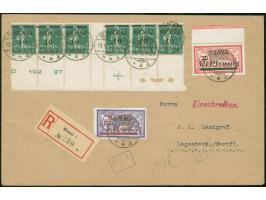 1922, Freimarken 10 Pfg. auf 10 c. dunkelopalgrün, im Unterrandsechserstreifen mit Zwischensteg und komplettem Druckdatum “D 