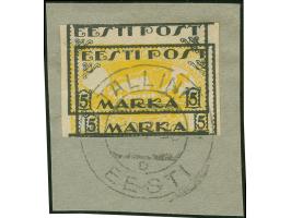 1918, Viking ship 5 M. black/orange-yellow on white papier, double print of the black frame, used “TALLINN ..7.20” on piece, 
