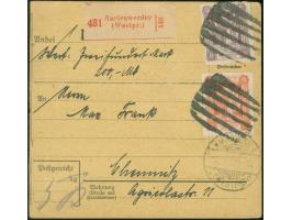 1920, Mailänder-Ausgabe 50 Pfg. und 3 M., vorderseitig auf Paketkarte mit Korkstempel von “MARIENWERDEER -2.8.20” nach Chemni