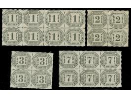 1-7 Kr. in Blockstücken, dabei 2 und 3 Kr. in Viererblocks, 1 Kr. im 8er-Block und 7 Kr. im 6er-Block, ungebraucht, etwa die 
