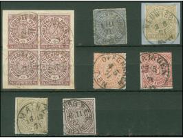 ¼ Gr. braunviolett im Viererblock, sowie 6 weitere Werte ex Mi. 5-12 mit Stempeldaten aus der Reichspostzeit. Teils kleine Mä