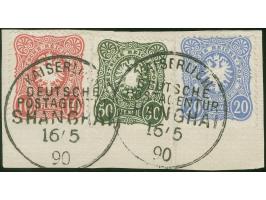 1886/89, Pfennig 10 Pfg. lebhaftrotkarmin, 20 Pfg. dunkelultramarin und 50 Pfg. dunkelgraugrün, mit Stempel “KDPAG SHANGHAI 1
