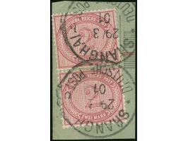 1890/1901, Innendienst 2 M. rötlichkarmin, senkrechtes Paar mit Stempel “SHANGHAI DEUTSCHE POST * b 29/3 01” auf Paketkartena
