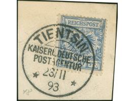 1890/1901, Krone/Adler 20 Pfg. lebhafgrauultramarin, sauber gestempelt “TIENTSIN 23/11 93” auf Briefstück, tadellos, seltene 