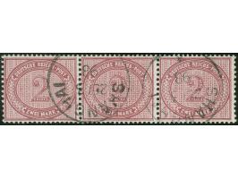 1890/1901, Innendienst 2 M. dunkelrotkarmin, waagerechter Dreierstreifen mit Plattenfehlern “große Unterbrechung in der Guill