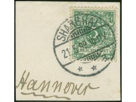 1898, Krone/Adler 5 Pfg. lebhaftopalgrün, sauber gestempelt “SHANGHAI 21.5.99” auf Briefstück, tadellos, sehr seltene Entwert