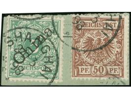 1898, Krone/Adler 50 Pfg. lebhaftrötlichbraun, Mischfrankatur mit 5 Pfg. lebhaftopalgrün mit Diagonalaufdruck, gestempelt “SH