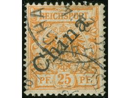 1898, Diagonalaufdruck 25 Pfg. gelblichorange, mit Plattenfehler “I in Reichspost oben gespalten”, sauber gestempelt “SHANGHA