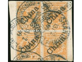 1898, Diagonalaufdruck 25 Pfg. gelblichorange, Viererblock mit Plattenfehler “I in Reichspost oben rechts ausgebrochen” auf d