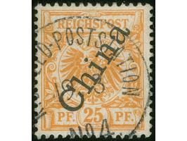 1898, Steilaufdruck 25 Pfg. gelblichorange, Plattenfehler “farbiger Punkt neben linker unterer Bandrolle”, sauber gestempelt 
