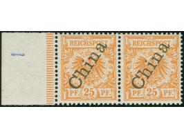 1898, Steilaufdruck 25 Pfg. dunkelorange, waagerechtes, linkes Seitenrandpaar mit Plattenfehler “I in Reichspost oben gespalt