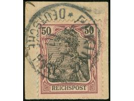 1900/02, Petschili Germania 50 Pfg. dunkelbräunlichlila/rotschwarz auf mattbraunorange, mit Plattenfehler “obere Randlinie na