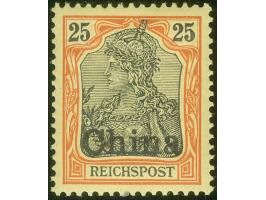 1901, Germania Reichspost 25 Pfg. rötlichorange/gelbschwarz auf hellgelb, mit Plattenfehler “R in Reichspost in der Kreuzung 