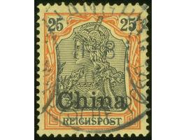 1901, Germania Reichspost 25 Pfg. rötlichorange/gelbschwarz auf hellgelb, Plattenfehler Anstrich des R von Reichspost unten g