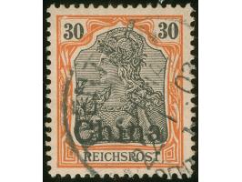 1901, Germania Reichspost 30 Pfg. rötlichorange/rotschwarz auf mattgelblichorange, mit Plattenfehler “blasenförmiger weißer F