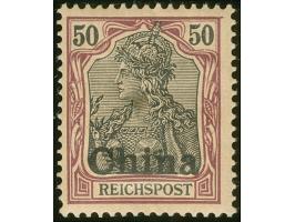 1901, Germania Reichspost 50 Pfg. dunkelbräunlichlila/rotschwarz auf mattbraunorange, mit Plattenfehler “obere Randlinie nach